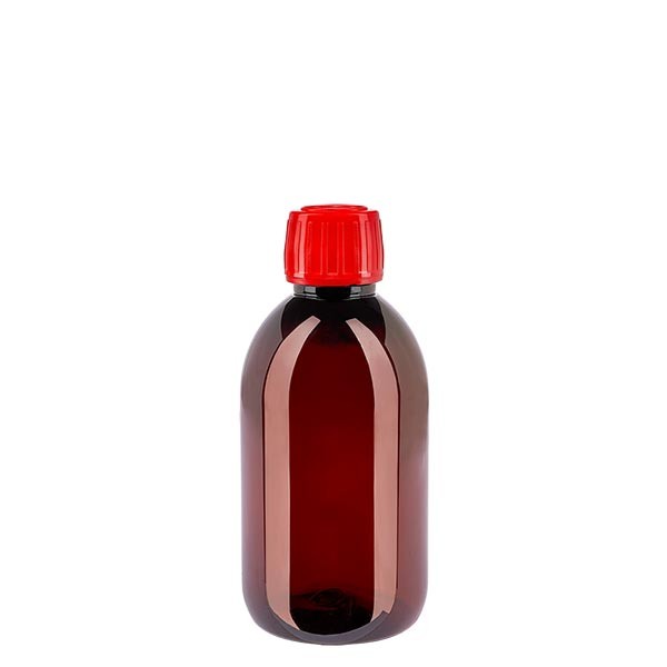 PET Medizinflasche 250ml + Schraubverschluss rot OV
