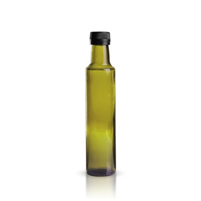 Runde Glasflasche grün + schw. Verschluss 250ml