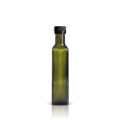 Eckige Glasflasche grün mit schw. Verschluss 250 ml