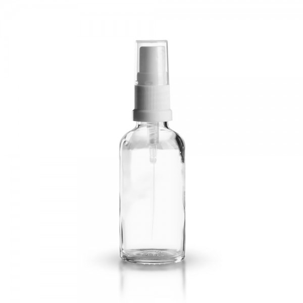 Klare 50ml Glasflasche mit weißem Pumpzerstäuber