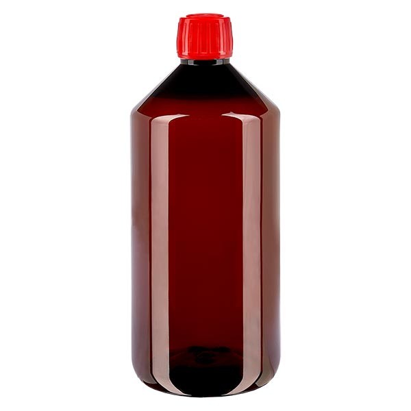 PET Medizinflasche 1000ml + Schraubverschluss rot OV